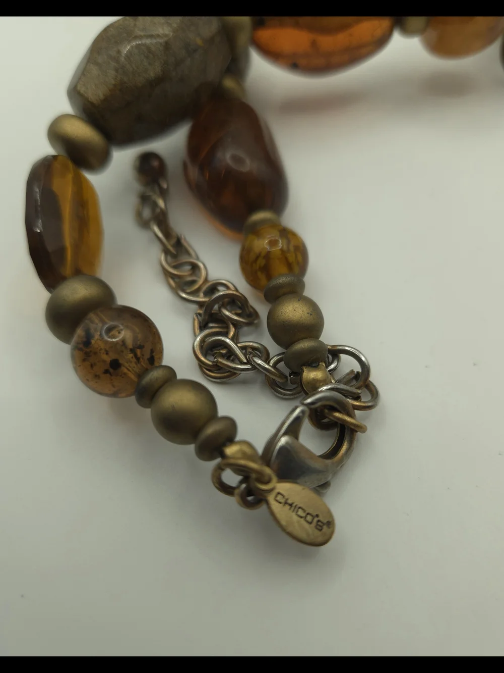 Chico's Multi-Media Bead Amber Brass Disc Brown Layered Necklace Rustic Boho Art